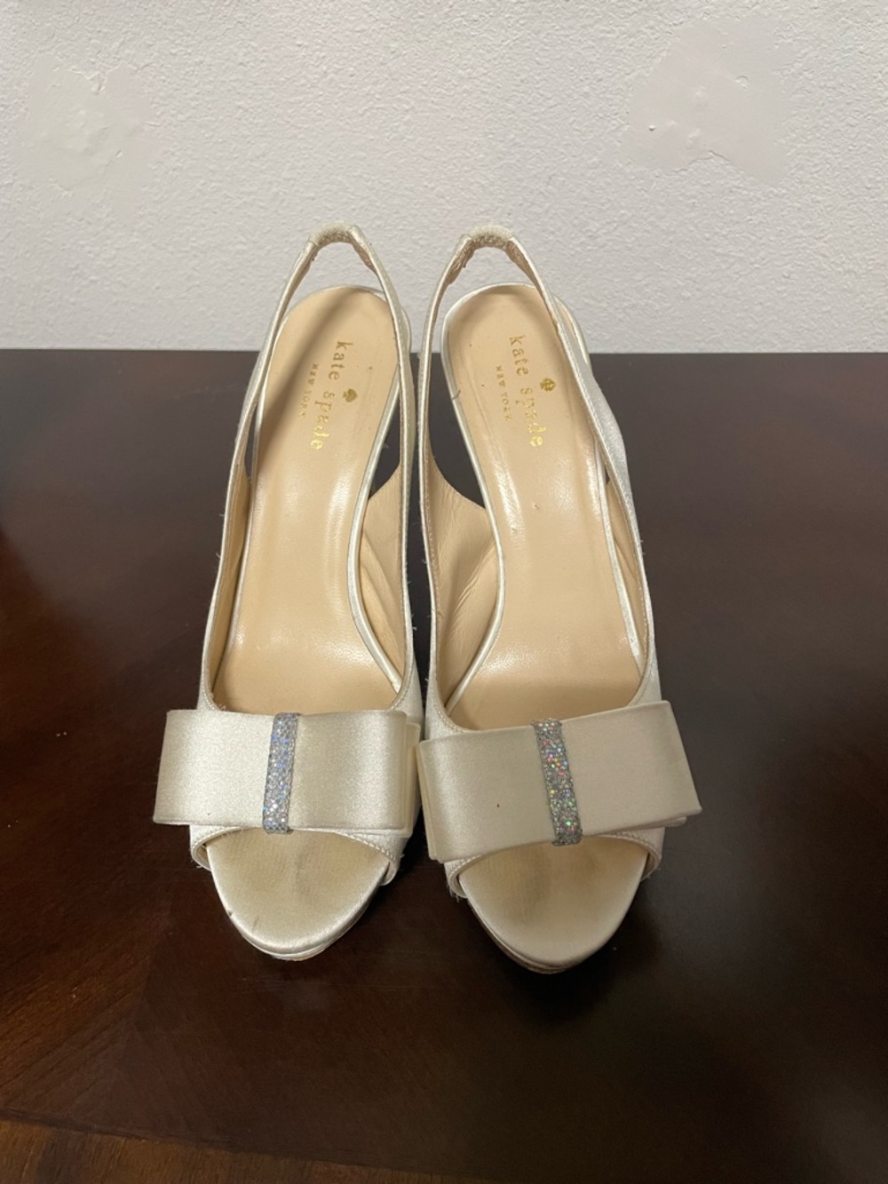 kate spade Champagne Satin Slingback Heels with Bow and Glitter Accent